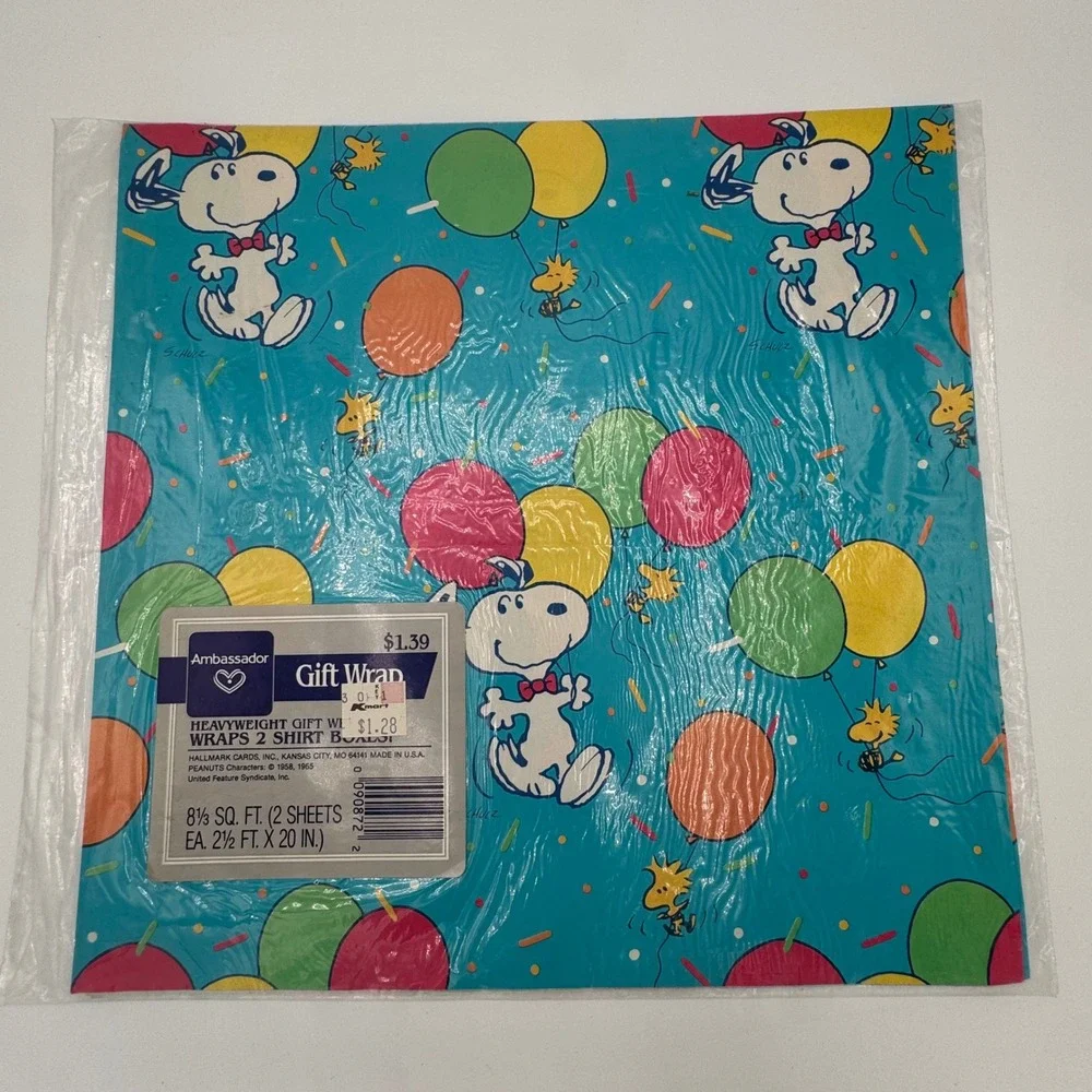Vintage Snoopy Peanuts Birthday Gift Wrap Ambassador Hallmark Balloons 2 Sheets